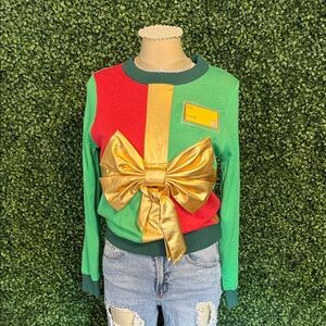 Tipsy Elves Festive Green and Red Sweater with Gold Bow